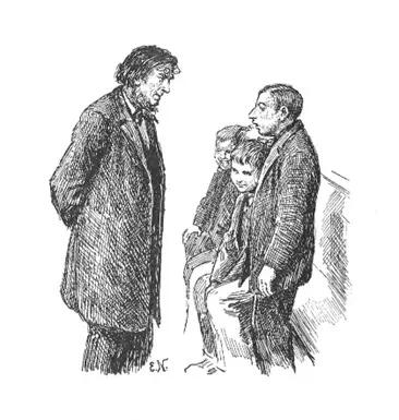 Illustrasjon av Eivind Nielsen for Jacob B. Bulls fortelling om Puss-Jo. Her overhører gammelklokkeren konfirmantene.  