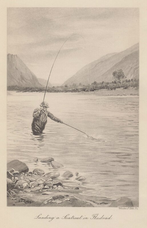A. E. Gathorne-Hardy fisker i Driva - Illustrasjon fra My Happy Hunting Grounds.