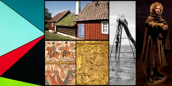 Kollage av Elisabeth Fahrman/Hallands kulturhistoriska museum: Olle Baertling "REH"; beskurna foton av Bexellska ryggåsstugan; halländsk målad väggbonad; "guldgubbe" funnen i Slöinge; rutschkana på Mellbystrand Laholm; rekonstruktion av Bockstensmannen.