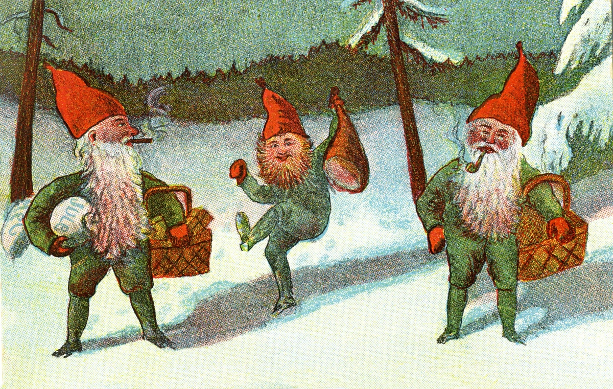 Julekort. Jule og nyttårshilsen. Vintermotiv. To nisser med julegaver i kurver. En nisse med